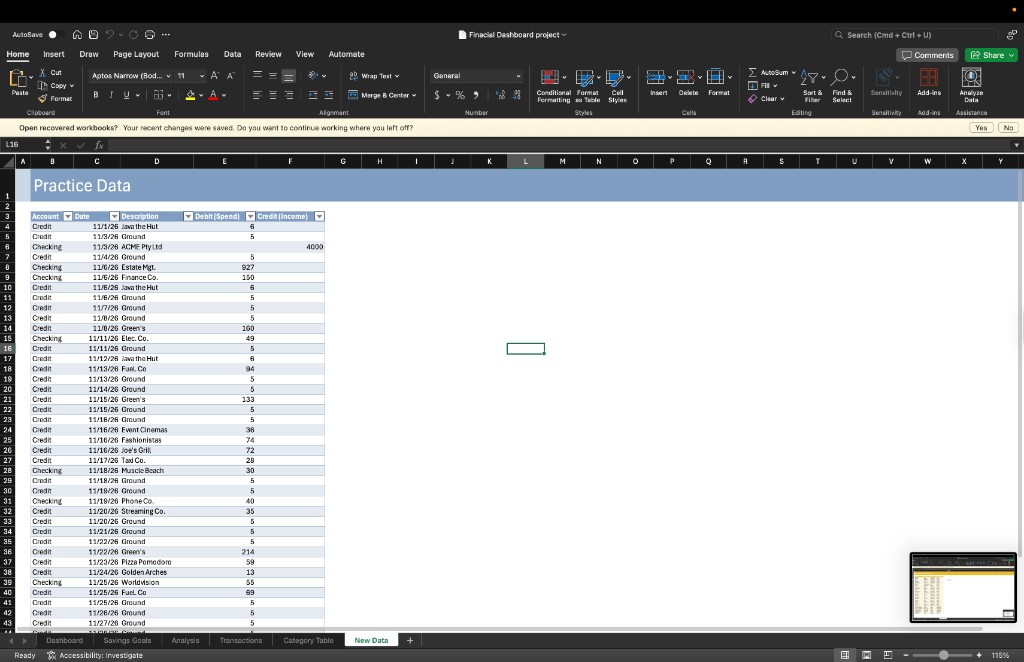 Practice transaction data sheet